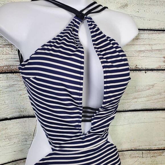 Abercrombie & Fitch Striped One Piece Swimsuit Women’s Large Cutout Halter - Picture 2 of 7